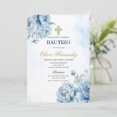 Blue Floral Bautizo Espagnol Invitation (Debout devant)