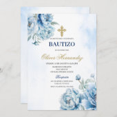 Blue Floral Bautizo Espagnol Invitation (Devant / Derrière)
