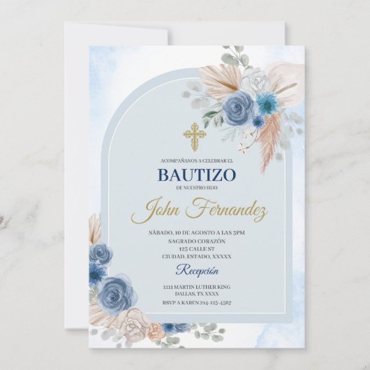 Blue Floral Bautizo Espagnol Invitation (Devant)
