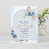 Blue Floral Bautizo Espagnol Invitation (Debout devant)