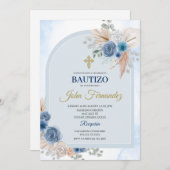 Blue Floral Bautizo Espagnol Invitation (Devant / Derrière)