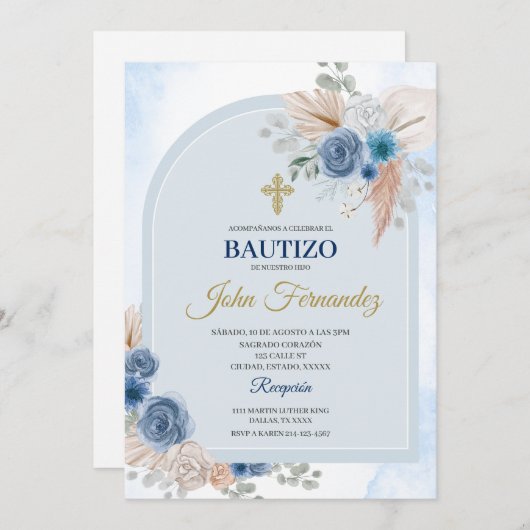 Blue Floral Bautizo Espagnol Invitation (Devant / Derrière)