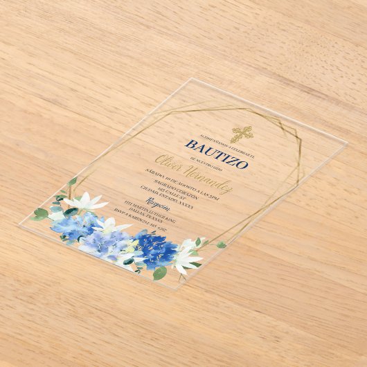 Blue Floral Bautizo Espagnol Invitation (Poser)