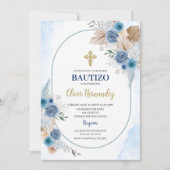 Blue Floral Bautizo Espagnol Invitation (Devant)