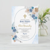 Blue Floral Bautizo Espagnol Invitation (Debout devant)