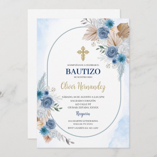Blue Floral Bautizo Espagnol Invitation (Devant / Derrière)