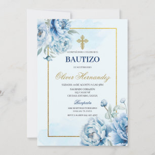 Blue Floral Bautizo Espagnol Invitation