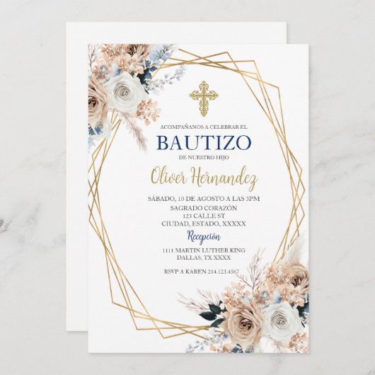Blue Floral Bautizo Espagnol Invitation (Devant / Derrière)