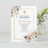 Blue Floral Bautizo Espagnol Invitation (Debout devant)