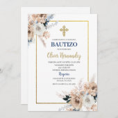 Blue Floral Bautizo Espagnol Invitation (Devant / Derrière)