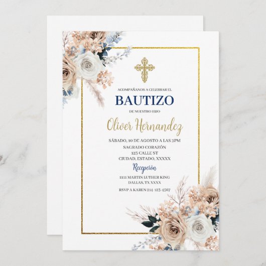 Blue Floral Bautizo Espagnol Invitation (Devant / Derrière)