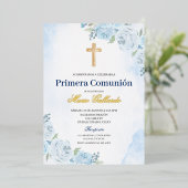 Blue Floral Bautizo Espagnol Invitation (Debout devant)
