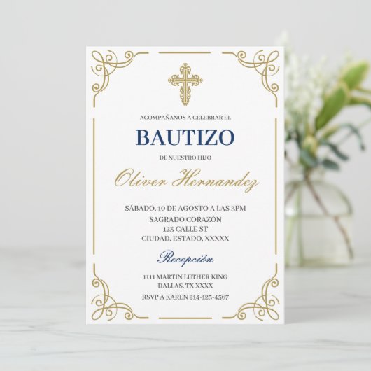 Blue Floral Bautizo Espagnol Invitation (Debout devant)