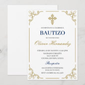 Blue Floral Bautizo Espagnol Invitation (Devant / Derrière)