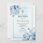 Blue Floral Bautizo Espagnol Invitation (Devant)