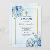 Blue Floral Bautizo Espagnol Invitation (Devant / Derrière)