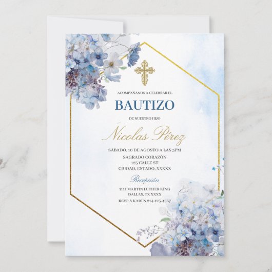 Blue Floral Bautizo Espagnol Invitation (Devant)