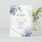 Blue Floral Bautizo Espagnol Invitation (Debout devant)