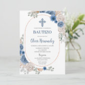 Blue Floral Bautizo Espagnol Invitation (Debout devant)