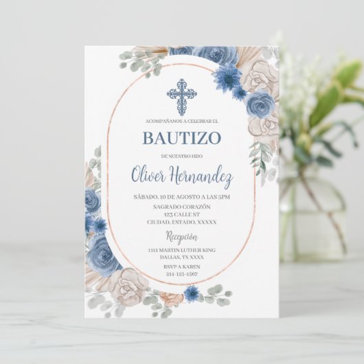 Blue Floral Bautizo Espagnol Invitation (Debout devant)