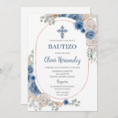 Blue Floral Bautizo Espagnol Invitation (Devant / Derrière)