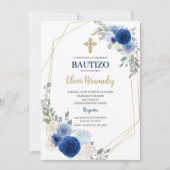 Blue Floral Bautizo Espagnol Invitation (Devant)