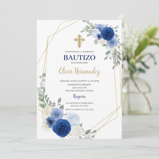 Blue Floral Bautizo Espagnol Invitation (Debout devant)