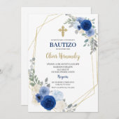 Blue Floral Bautizo Espagnol Invitation (Devant / Derrière)