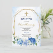 Blue Floral Bautizo Espagnol Invitation (Debout devant)