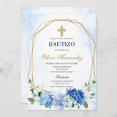 Blue Floral Bautizo Espagnol Invitation (Devant / Derrière)