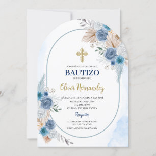 Blue Floral Bautizo Espagnol Invitation