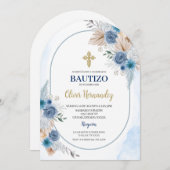 Blue Floral Bautizo Espagnol Invitation (Devant / Derrière)