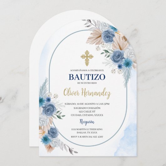 Blue Floral Bautizo Espagnol Invitation (Devant / Derrière)