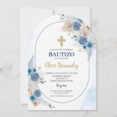 Blue Floral Bautizo Espagnol Invitation (Devant)