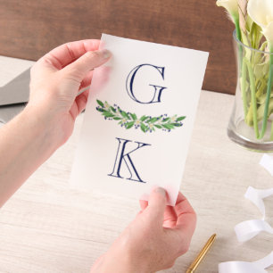 Blue Floral Berry Springs Monogram Trouwbedekking Vellum Uitnodigingen
