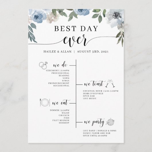 Blue Floral Best Day Ever Wedding Tijdschema Programma (Voorkant)
