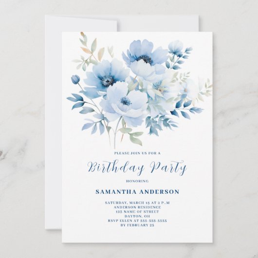 Blue Floral Birthday Kaart (Voorkant)