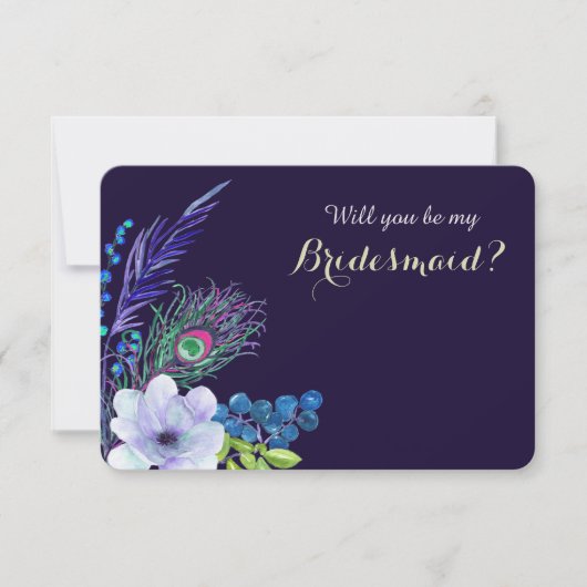 Blue Floral Boho Feather Bridesmaid Kaart (Voorkant)