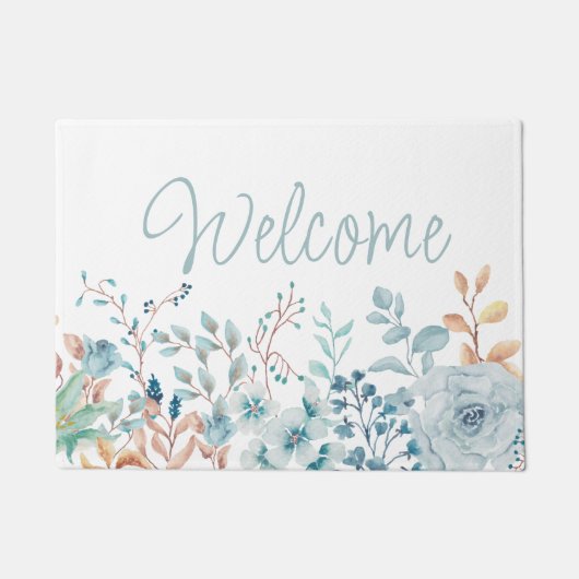 Blue Floral Botanical Welcome Typografie Deurmat (Voorkant)