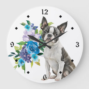 Blue Floral Bouquet Boston Terrier Dog Grote Klok