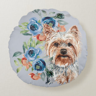 Blue Floral Bouquet Yorkshire Terrier Rond Kussen