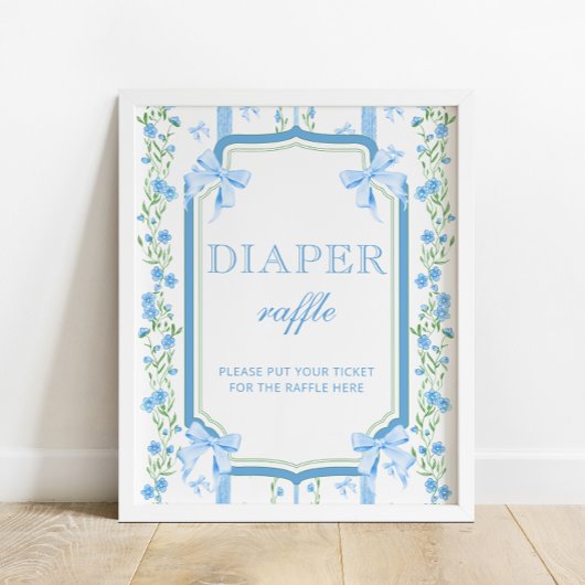 Blue Floral & Bow Baby shower Luier Raffle Poster