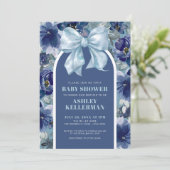 Blue Floral Bow Boy Baby shower Kaart (Staand voorkant)