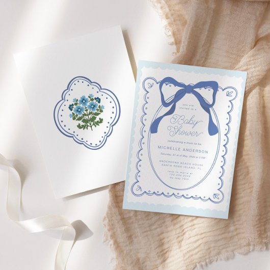 Blue Floral Bows  Baby shower Kaart