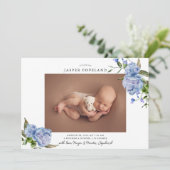 Blue Floral Boy Baby Photo Faire-part de naissance (Debout devant)