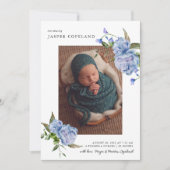 Blue Floral Boy Baby Photo Faire-part de naissance (Devant)