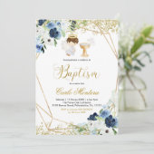 Blue Floral Boy Baptism Invitation Kaart (Staand voorkant)