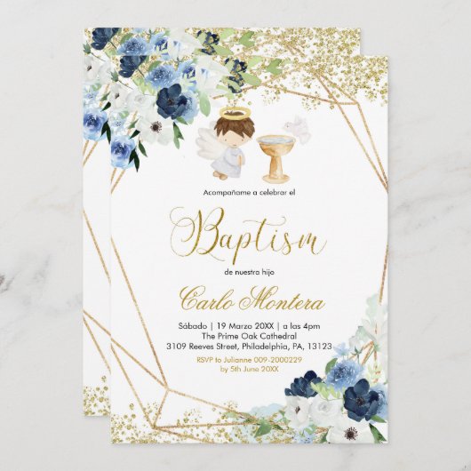 Blue Floral Boy Baptism Invitation Kaart (Voorkant / Achterkant)