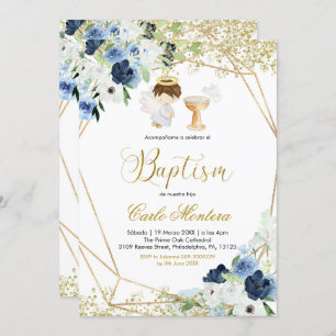 Blue Floral Boy Baptism Invitation Kaart