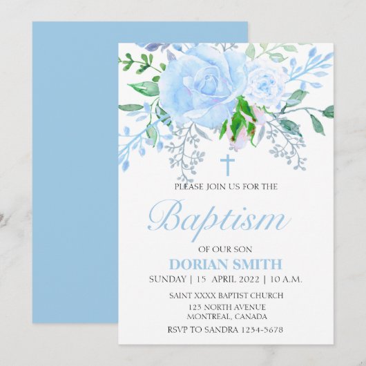 Blue Floral Boy Baptism-uitnodiging Kaart (Voorkant / Achterkant)